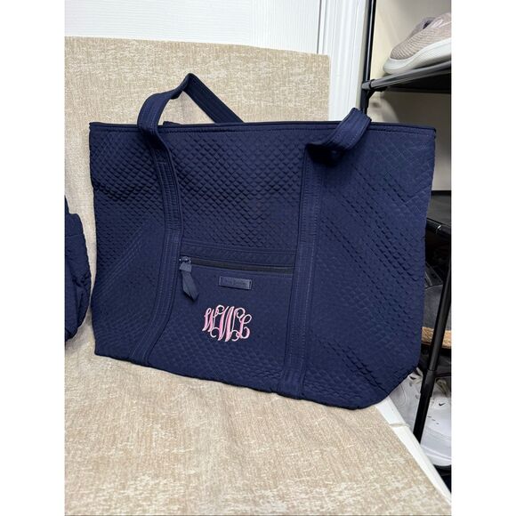 Vera Bradley Womens Quilted Monogrammed Travel Backpack & Tote Bag Set Navy Blue main image 9